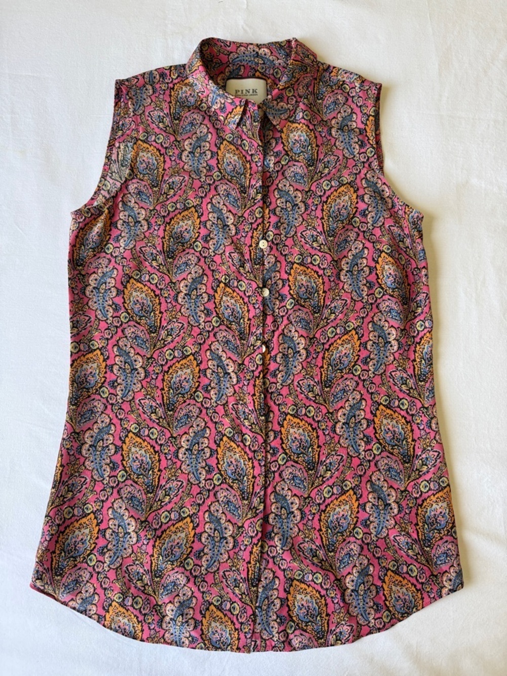 Thomas Pink Sleeveless Paisley Button-Down Top in Pink and Blue 100% Silk✨